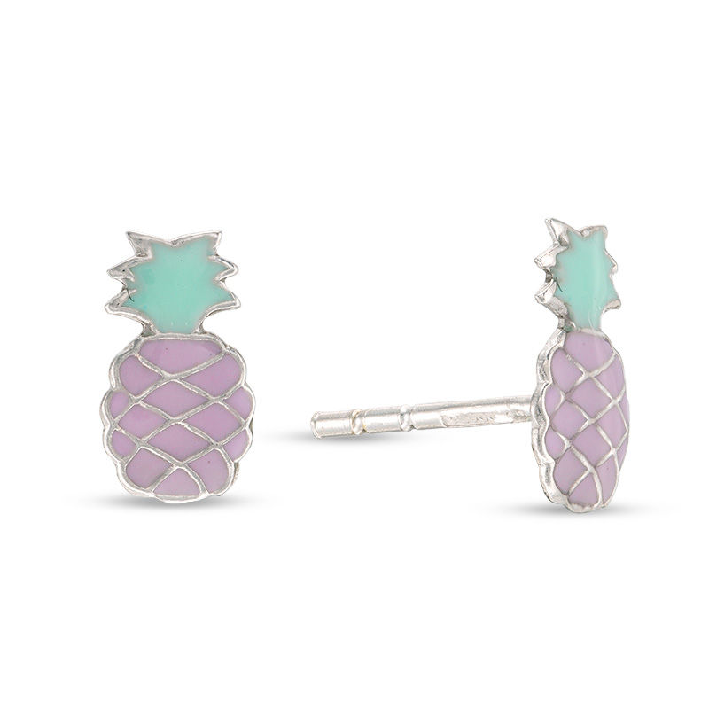 Main Image 1 of Child's Light Purple and Blue Enamel Pineapple Stud Earrings in Sterling Silver