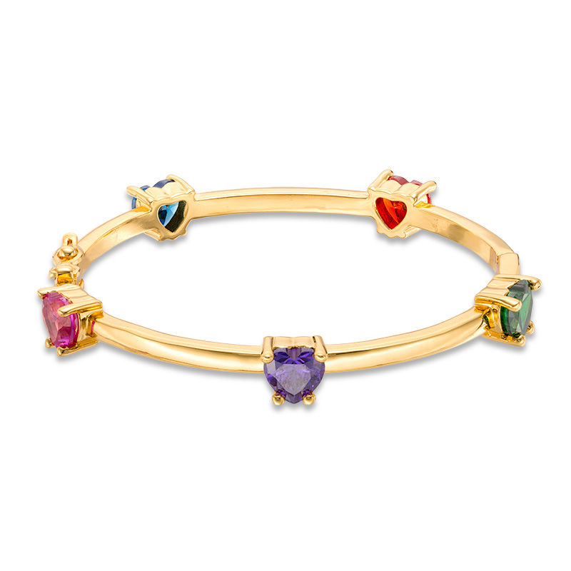 Child's 7mm Heart-Shaped Multi-Color Cubic Zirconia Station Bangle in Brass with 18K Gold Plate - 5.9"