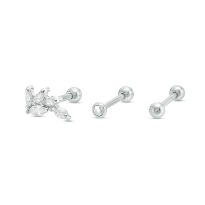 018 Gauge Marquise Cubic Zirconia and Crystal Cartilage Stud Set in Stainless Steel and Brass
