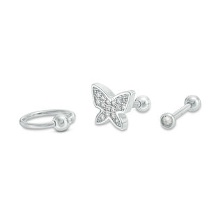 018 Gauge Cubic Zirconia and Crystal Accent Butterfly Cartilage Stud and Hoop Set in Stainless Steel and Brass