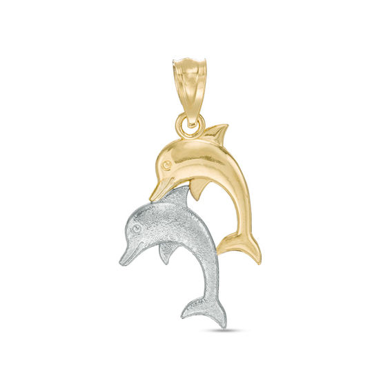Child's Jumping Double Dolphin Necklace Charm in 10K Two-Tone Gold