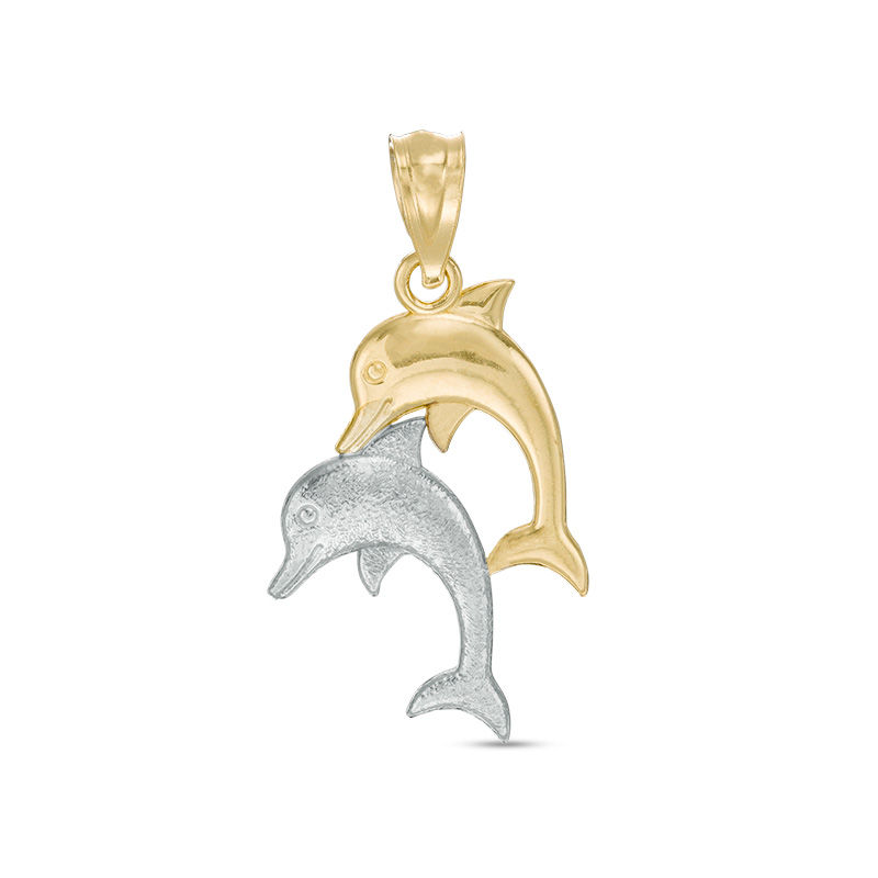 Child's Jumping Double Dolphin Necklace Charm in 10K Two-Tone Gold