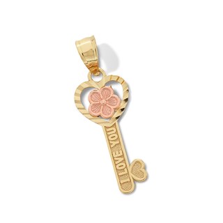 Child's Diamond-Cut "I LOVE YOU" Heart-Top and Flower Key Necklace Charm in 10K Two-Tone Gold