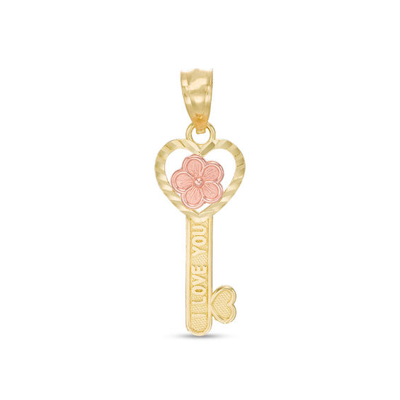 Child's Diamond-Cut "I LOVE YOU" Heart-Top and Flower Key Necklace Charm in 10K Two-Tone Gold