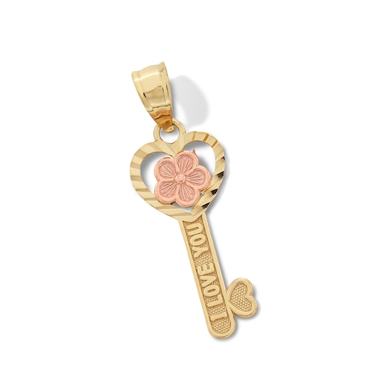 Child's Diamond-Cut "I LOVE YOU" Heart-Top and Flower Key Necklace Charm in 10K Two-Tone Gold