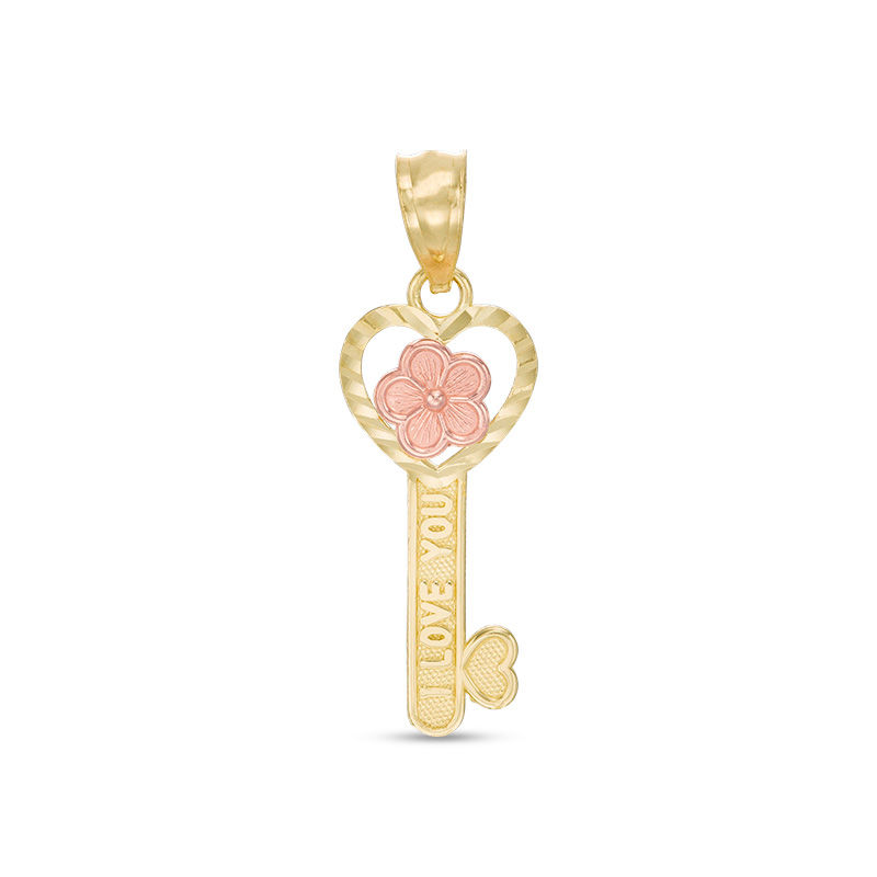 Child's Diamond-Cut "I LOVE YOU" Heart-Top and Flower Key Necklace Charm in 10K Two-Tone Gold