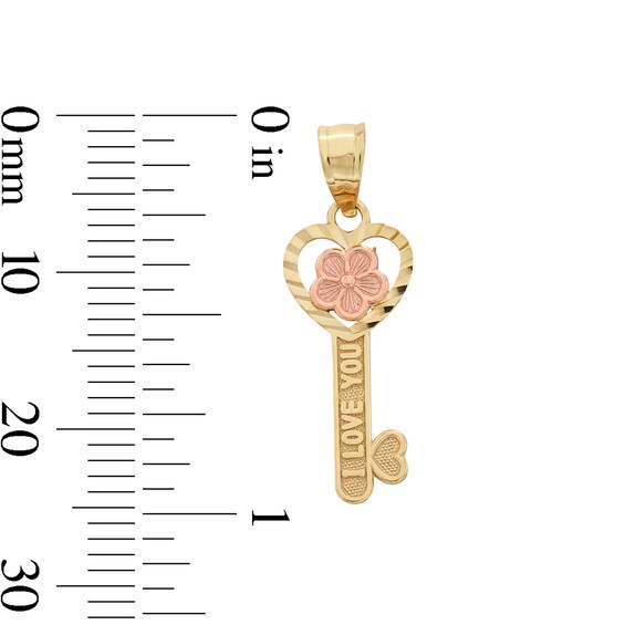 Child's Diamond-Cut "I LOVE YOU" Heart-Top and Flower Key Necklace Charm in 10K Two-Tone Gold