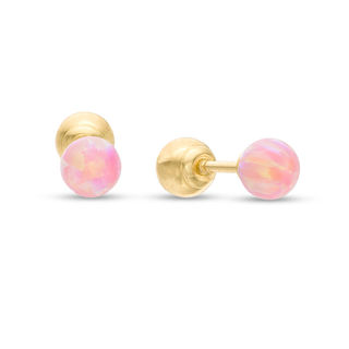 Child's 4mm Simulated Pink Opal and Ball Reversible Stud Earrings in 14K Gold