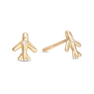 Child's Cubic Zirconia Airplane Stud Earrings in 10K Gold