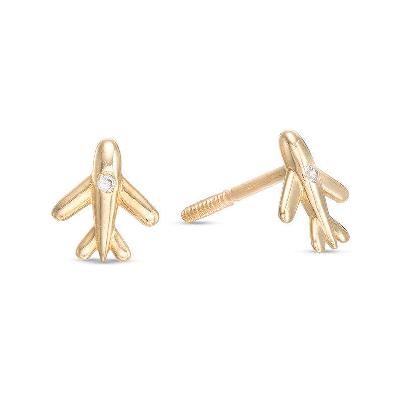 Main Image 1 of Child's Cubic Zirconia Airplane Stud Earrings in 10K Gold