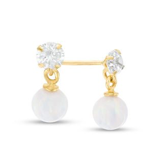 Child's 4mm Simulated Opal Ball Dangle and Cubic Zirconia Drop Earrings in 14K Gold