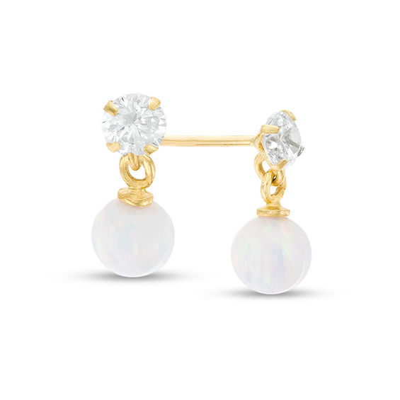 Child's 4mm Simulated Opal Ball Dangle and Cubic Zirconia Drop Earrings in 14K Gold