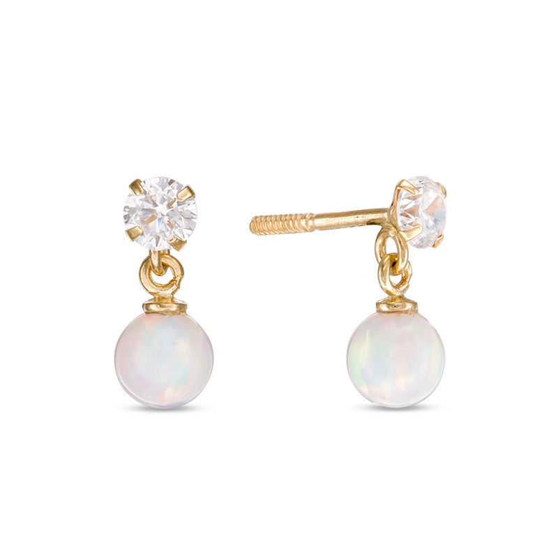 Main Image 1 of Child's 4mm Simulated Opal Ball Dangle and Cubic Zirconia Drop Earrings in 14K Gold