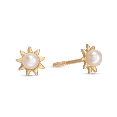 Child's 3mm Freshwater Cultured Pearl Sun Stud Earrings in 10K Gold