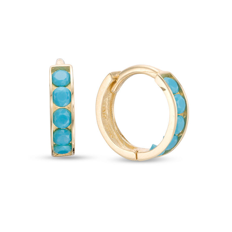 Main Image 1 of Child's Simulated Turquoise Huggie Hoop Earrings in 14K Gold