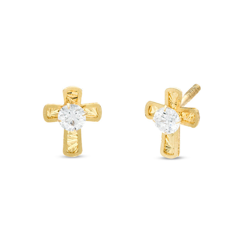 Child's 3mm Cubic Zirconia Cross Stud Earrings in 14K Gold