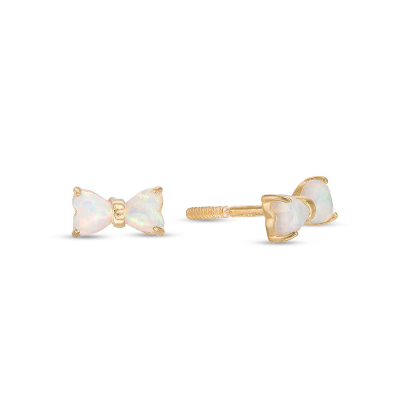 Main Image 1 of Child's 3mm Heart-Shaped Simulated Opal Bow Tie Stud Earrings in 10K Gold