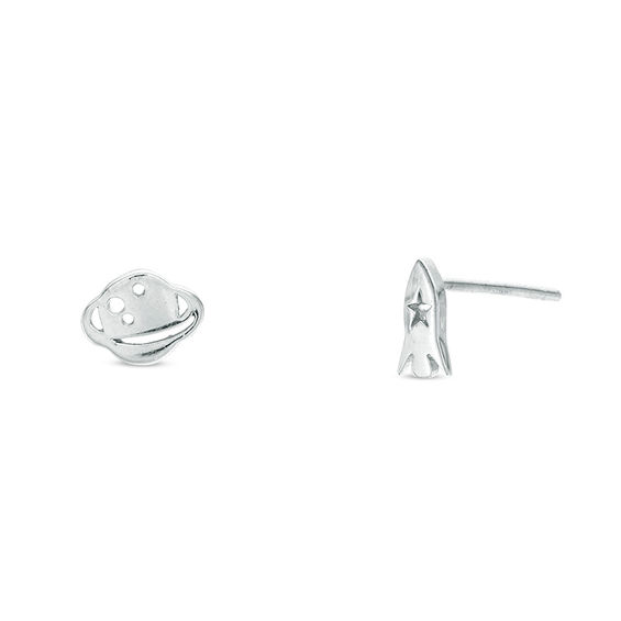 Child's Mismatch Saturn and Rocket Stud Earrings in Sterling Silver