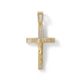 Diamond-Cut Floral Filigree Beaded Crucifix Necklace Charm in 10K Solid Two-Tone Gold