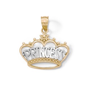 "PRINCESS" Beaded Crown with Star Accent Two-Tone Necklace Charm in 10K Solid Gold