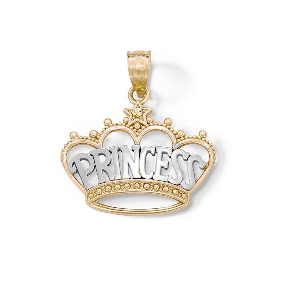 "PRINCESS" Beaded Crown with Star Accent Two-Tone Necklace Charm in 10K Solid Gold