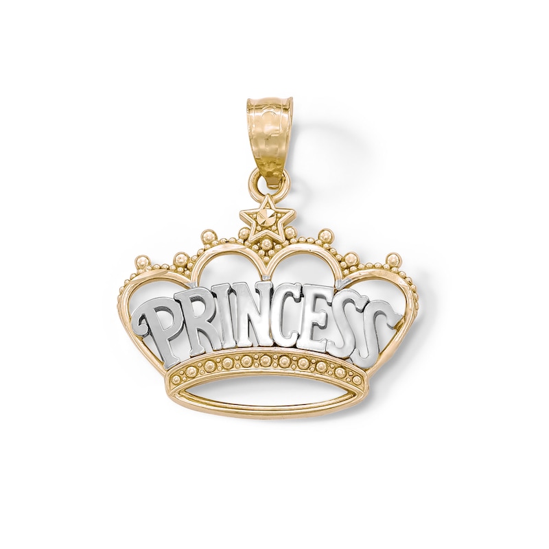 "PRINCESS" Beaded Crown with Star Accent Two-Tone Necklace Charm in 10K Solid Gold