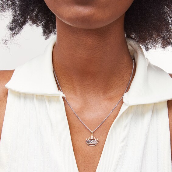 "PRINCESS" Beaded Crown with Star Accent Two-Tone Necklace Charm in 10K Solid Gold