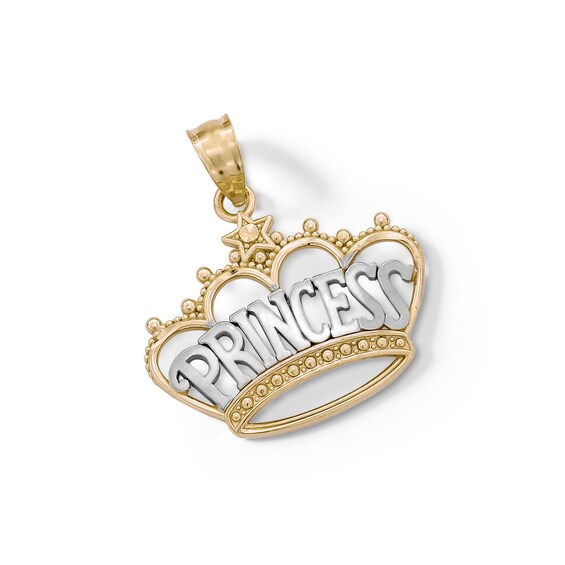 "PRINCESS" Beaded Crown with Star Accent Two-Tone Necklace Charm in 10K Solid Gold