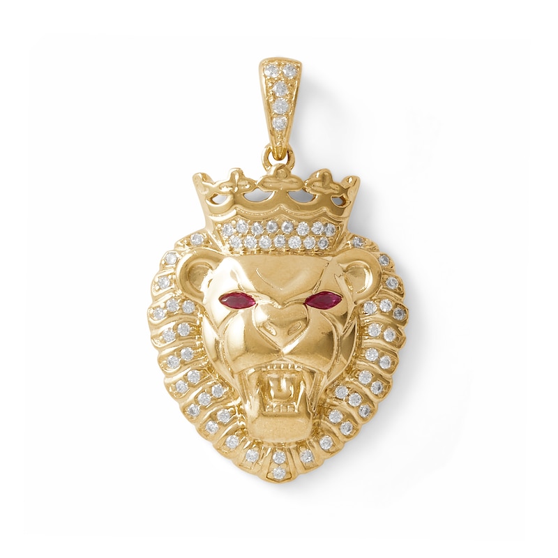 Marquise Red and White Cubic Zirconia Pavé Lion Head with Crown Necklace Charm in 10K Gold
