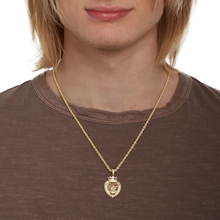 Marquise Red and White Cubic Zirconia Pavé Lion Head with Crown Necklace Charm in 10K Gold