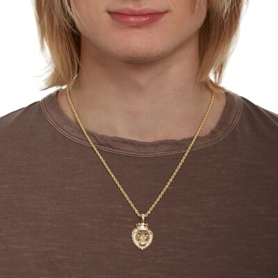Marquise Red and White Cubic Zirconia Pavé Lion Head with Crown Necklace Charm in 10K Gold