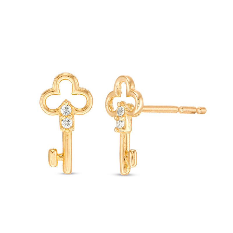 Main Image 1 of Cubic Zirconia Clover-Top Key Stud Earrings in 10K Gold