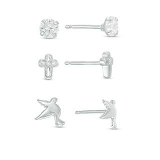 Cubic Zirconia Solitaire, Cross and Doves Stud Earrings Set in Sterling Silver