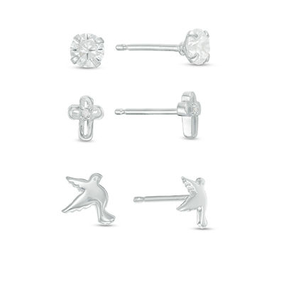Cubic Zirconia Solitaire, Cross and Doves Stud Earrings Set in Sterling Silver