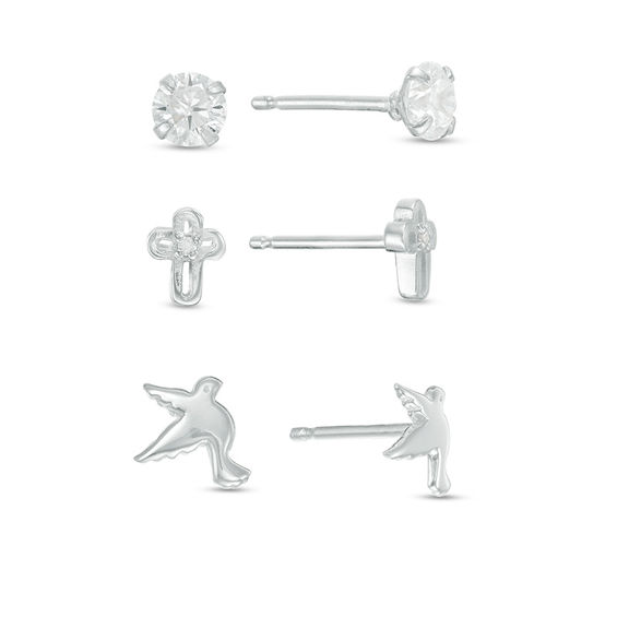Cubic Zirconia Solitaire, Cross and Doves Stud Earrings Set in Sterling Silver