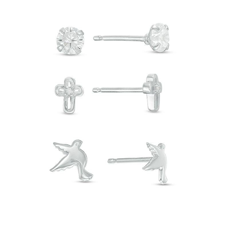 Cubic Zirconia Solitaire, Cross and Doves Stud Earrings Set in Sterling Silver