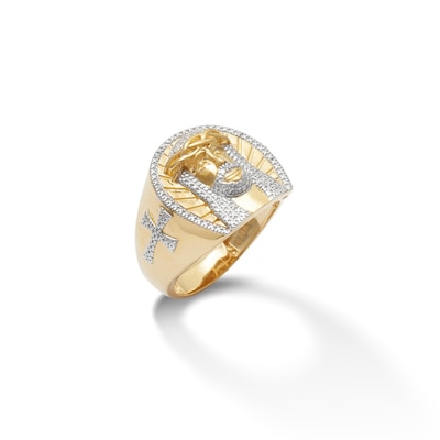 Diamond Accent Beaded Jesus Head Frame and Cross Ring in Sterling Silver and 14K Gold Plate