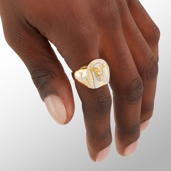 Diamond Accent Beaded Jesus Head Frame and Cross Ring in Sterling Silver and 14K Gold Plate