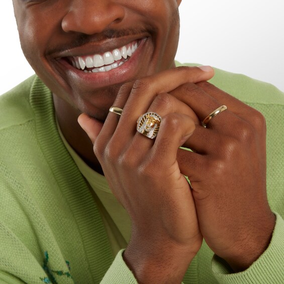 Diamond Accent Beaded Jesus Head Frame and Cross Ring in Sterling Silver and 14K Gold Plate