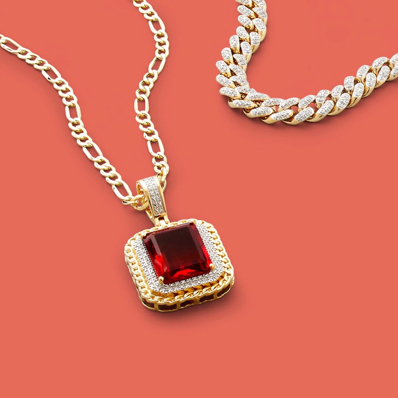 Emerald-Cut Red Cubic Zirconia and 1/10 CT. T.W. Diamond Necklace Charm in Sterling Silver with 14K Gold Plate