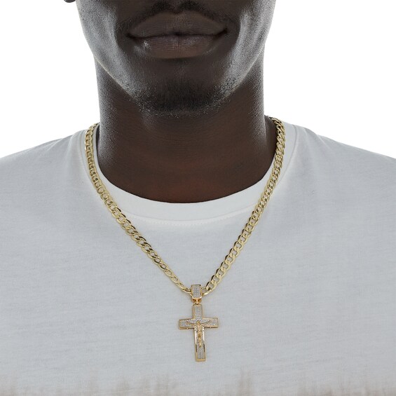 Diamond Accent Beaded Crucifix Necklace Charm in Sterling Silver with 14K Gold Plate