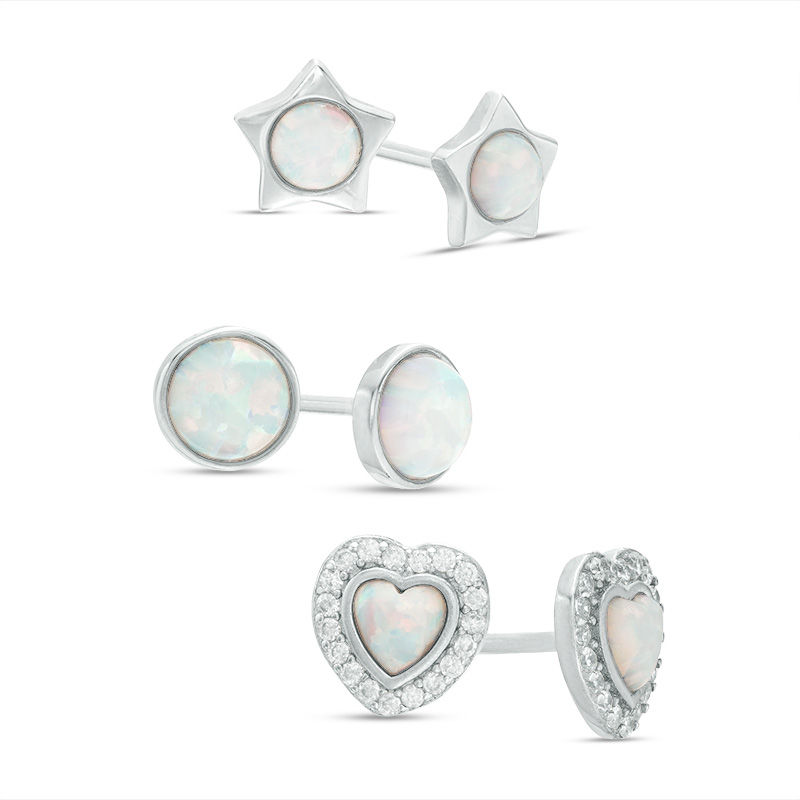 Main Image 1 of Lab-Created Opal and Cubic Zirconia Stud Earrings Set in Sterling Silver