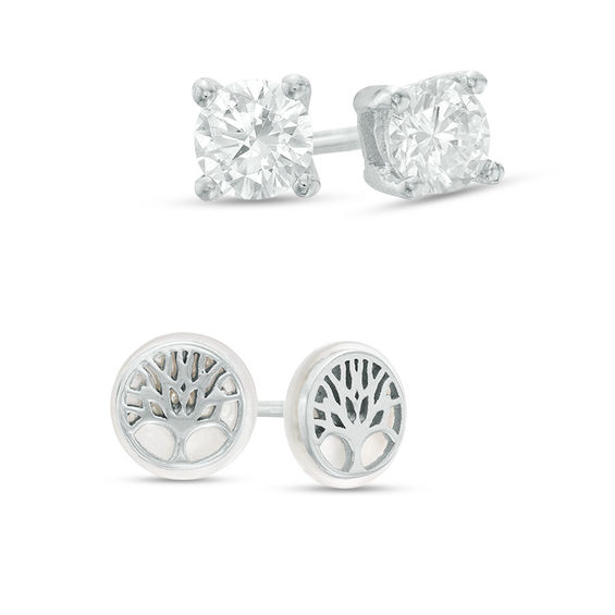 10mm Simulated Mother-of-Pearl Tree of Life and Cubic Zirconia Solitaire Stud Earrings Set in Sterling Silver
