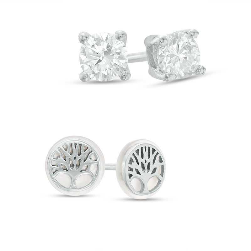 Main Image 1 of 10mm Simulated Mother-of-Pearl Tree of Life and Cubic Zirconia Solitaire Stud Earrings Set in Sterling Silver