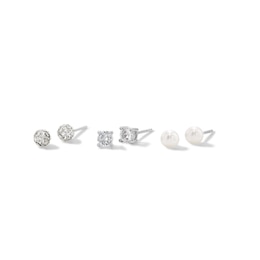 4.0mm Pearl and Cubic Zirconia Three Pair Stud Earrings Set in Sterling Silver