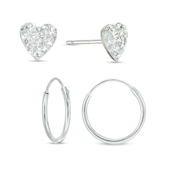 Crystal Heart Studs and Hoop Earrings Set in Sterling Silver