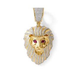 Simulated Ruby and 7/8 CT. T.W. Diamond Lion Head Necklace Charm in 10K Gold