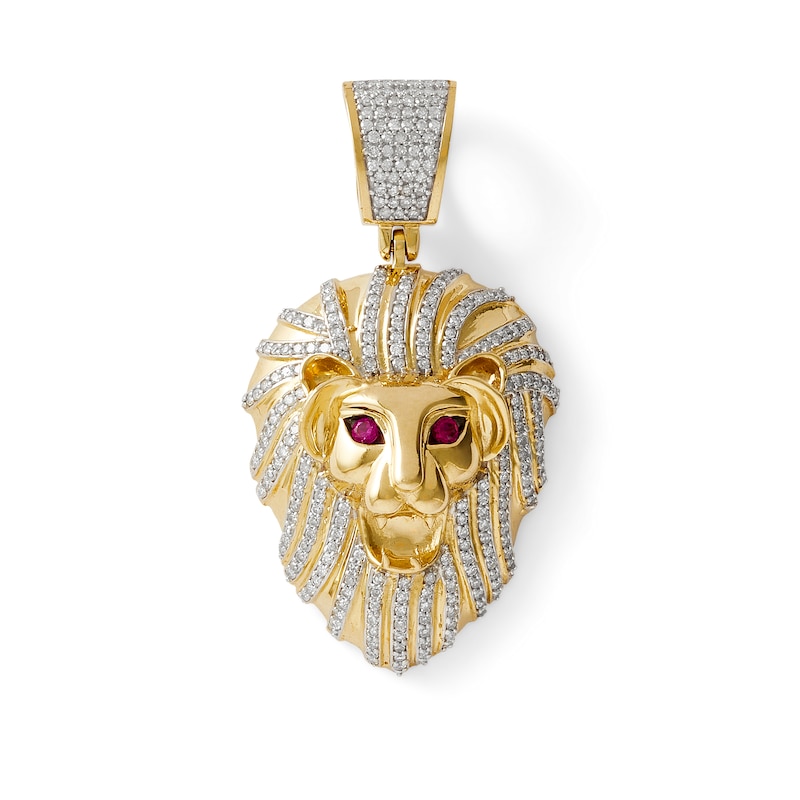 Simulated Ruby and 7/8 CT. T.W. Diamond Lion Head Necklace Charm in 10K Gold