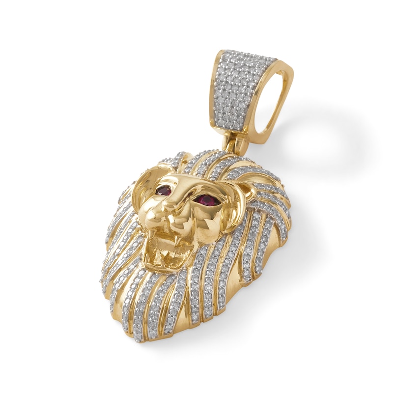 Simulated Ruby and 7/8 CT. T.W. Diamond Lion Head Necklace Charm in 10K Gold