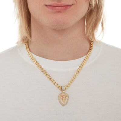 Simulated Ruby and 7/8 CT. T.W. Diamond Lion Head Necklace Charm in 10K Gold